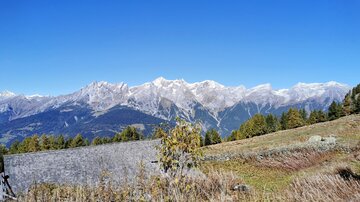 Ein schöner Gebirgsblick mit schneebedeckten Gipfeln und klarem, blauem Himmel. Die Landschaft ist von grünen Wiesen und Bäumen umgeben.