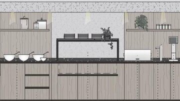 A modern kitchen setup with wooden shelves and a large workspace. Various utensils and plants are arranged decoratively.