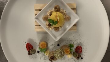 An artfully arranged dessert on a white plate. It consists of a small portion of ice cream and various decorations made of fruits and sauces.