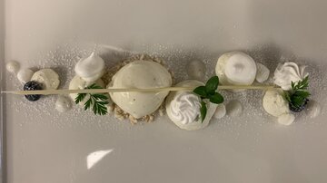 An artistic dessert on a plate, consisting of various white and green creams. The garnish includes edible plants and fruits that add an elegant touch to the dish.