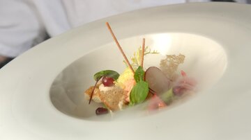 An elegantly arranged plate with fresh ingredients and a decorative element. The colors are vibrant and appealing.