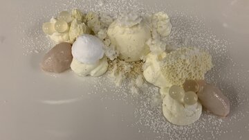 An elegant dessert with various textures, including ice cream scoops and frothy cream. Powdered sugar is sprinkled on top, which refines the dish.