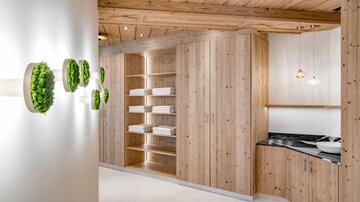 Ein moderner Raum mit Holzwänden und Regalen. An der Wand hängen Pflanzen in Töpfen, und es gibt eine dunkle Arbeitsfläche.