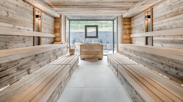 Ein modernes Sauna-Interior aus Holz mit bequemen Bänken. Große Fenster bieten Blick ins Freie und lassen viel Licht hereinscheinen.