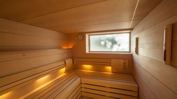 Eine moderne Sauna mit warmem Holz und sanfter Beleuchtung. Ein Fenster lässt Tageslicht herein und schafft eine entspannende Atmosphäre.
